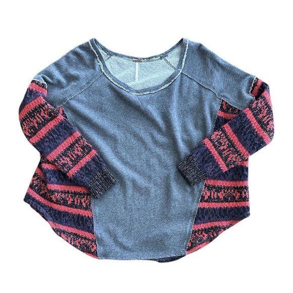 Free People Oversize Inset Crew Neck Sweater Large Gray Red Purple Bohemian - Picture 1 of 7